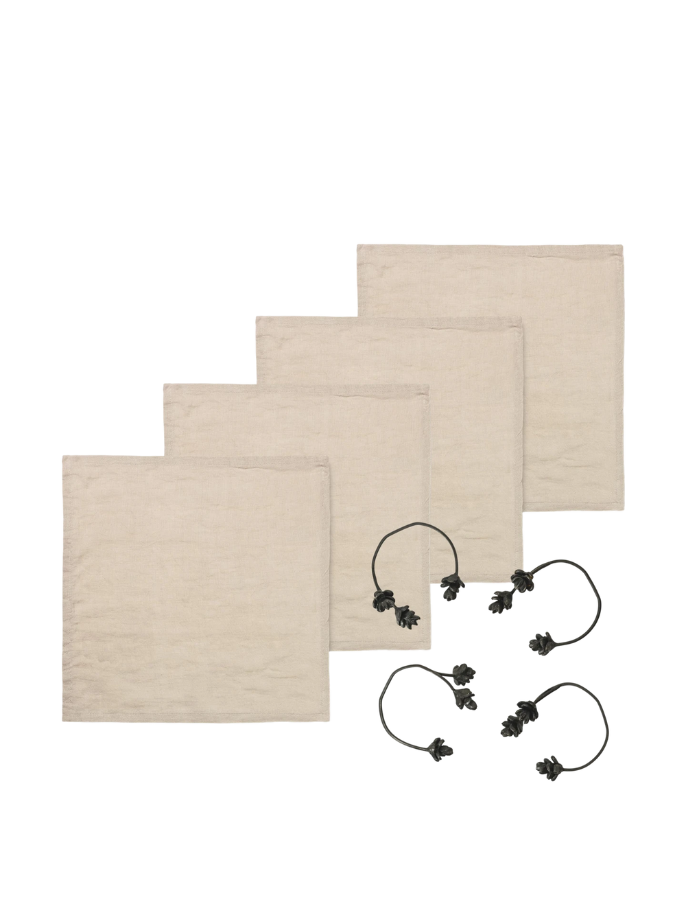 Forest Napkin Rings - Black Brass & Linen Napkins - Set of 4 - Natural - Gift Set
