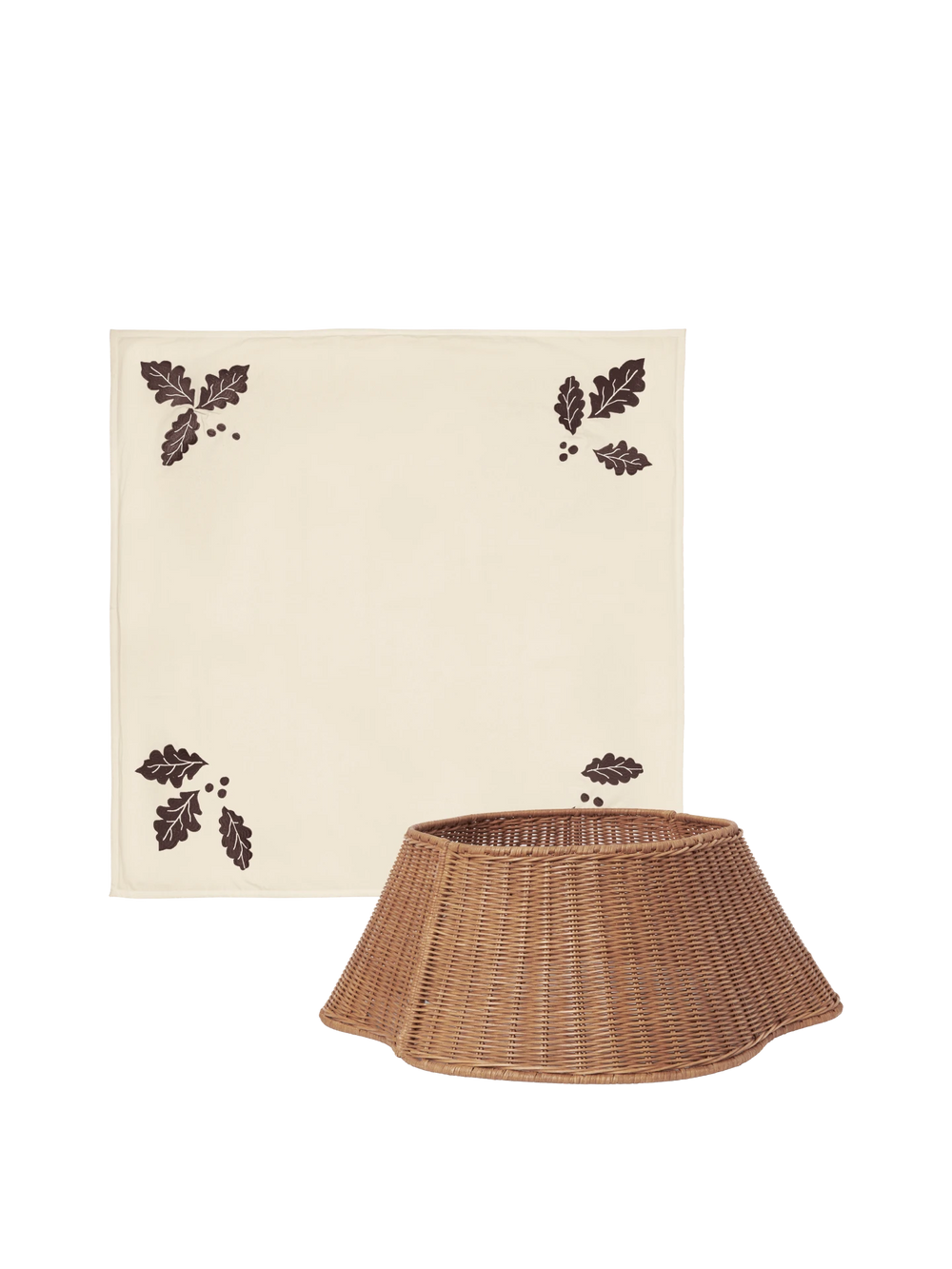 Drape Braided Tree Skirt - Natural & Oak Christmas Tree Blanket - Square - Gift Set