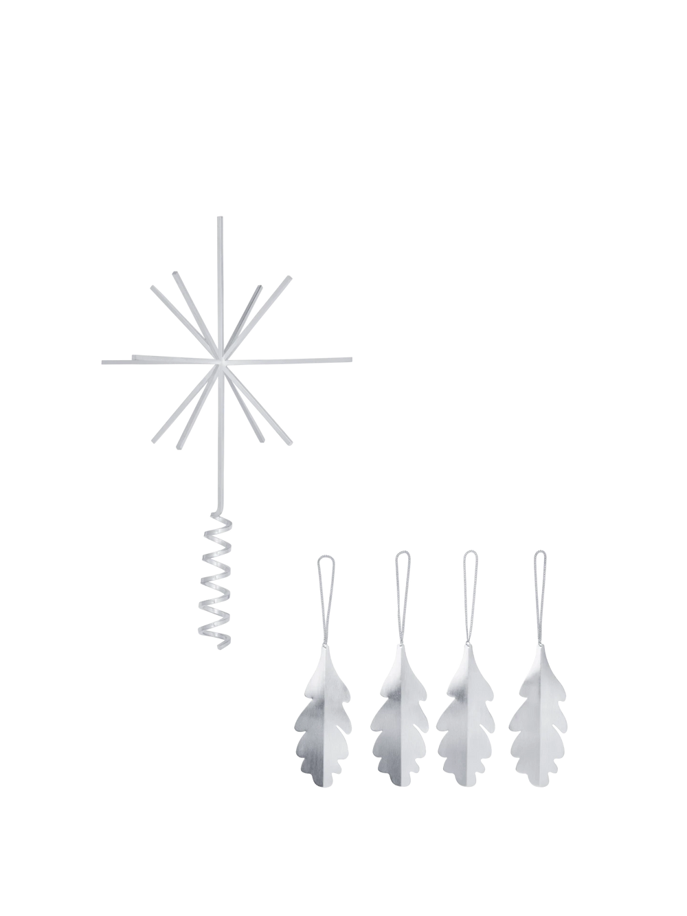 Christmas Tree Top Star & Oak Leaf Ornaments - Set of 4 - Gift Set - Silver