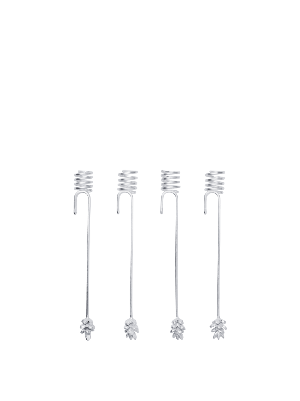 Forest Christmas Tree Candle Holders in silver, set of 4 with coiled tops and pinecone ends
