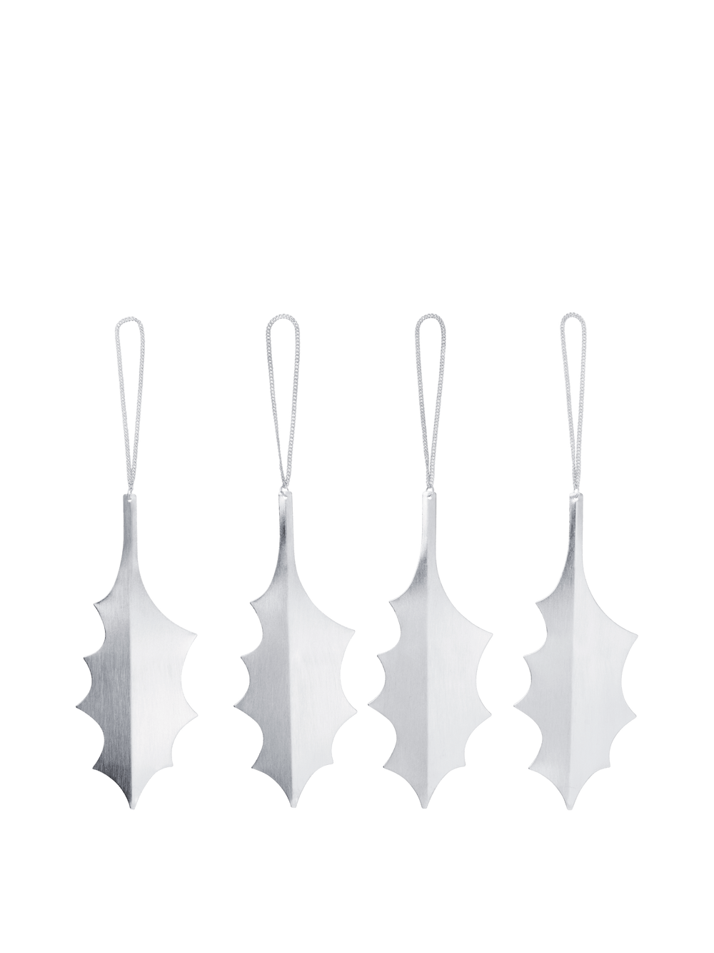 Holly Leaf Ornaments in silver, set of 4 on hanging chains