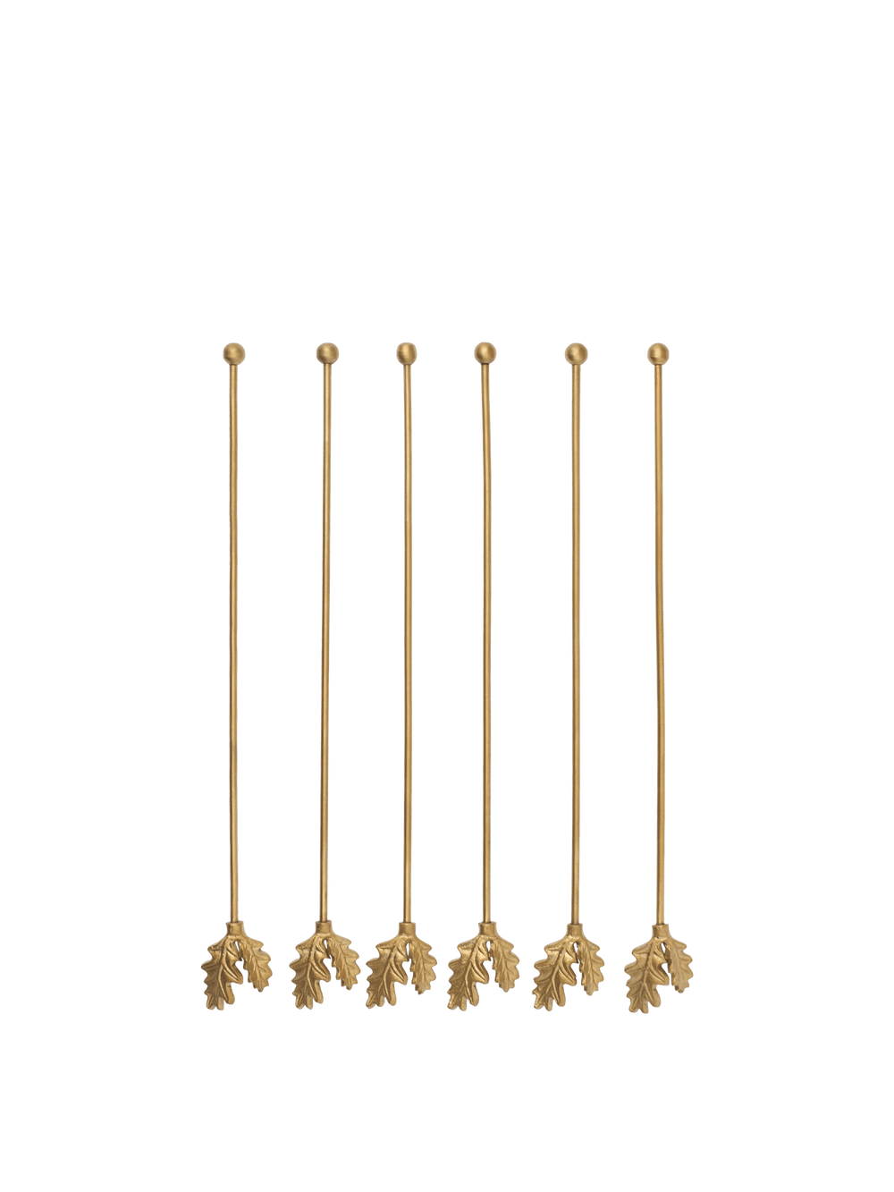 Oak Leaf Stir Sticks in brass, long, set of six with leaf-shaped ends