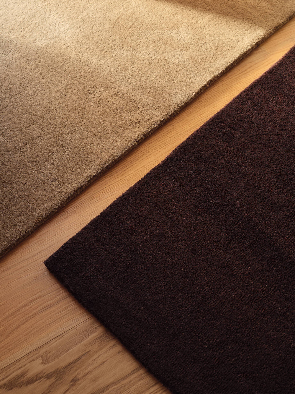 Close-up of the rug's dark pecan pile and corner edge beside a beige rug on a plank floor