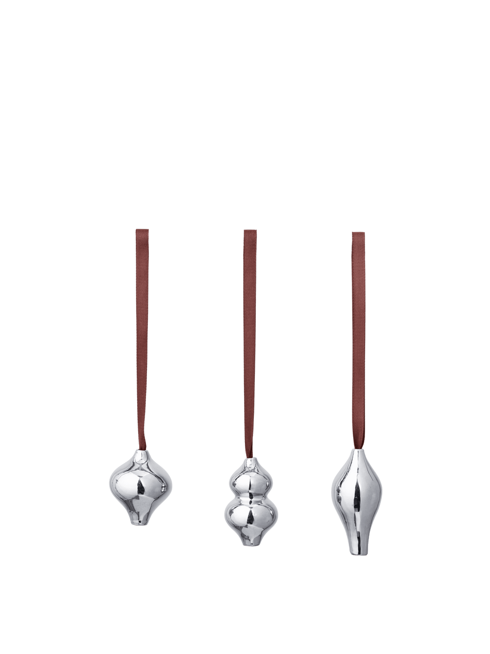 Komo Ornaments in silver, set of 3 shaped baubles on brown ribbons