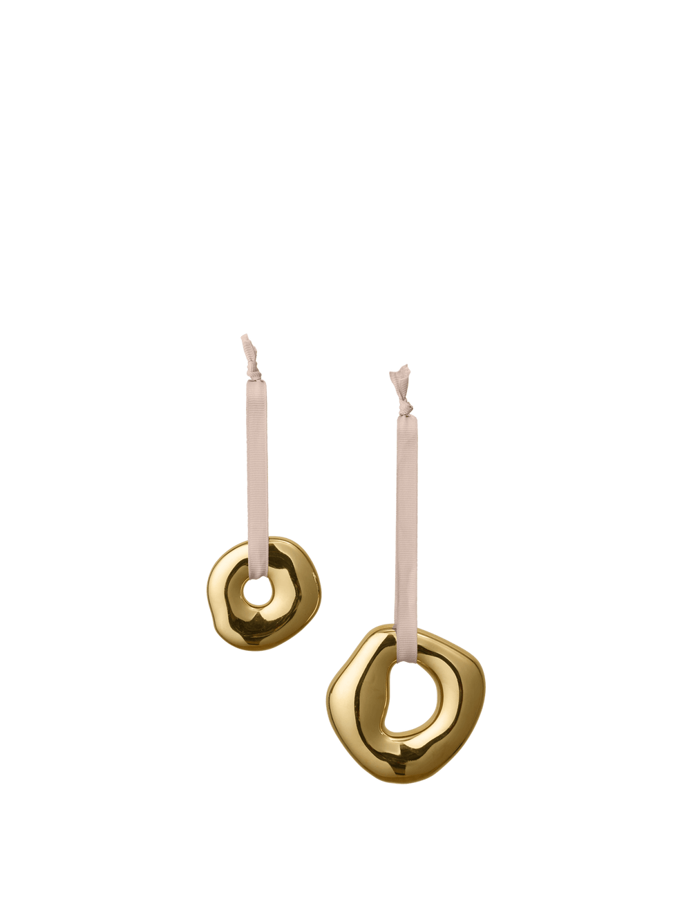 Orrith Ornaments in brass finish, set of 2 ring shapes hanging from ribbons