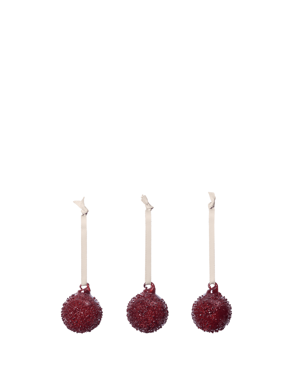 Flurry Glass Baubles in picante red, set of 3 small textured baubles on ribbons
