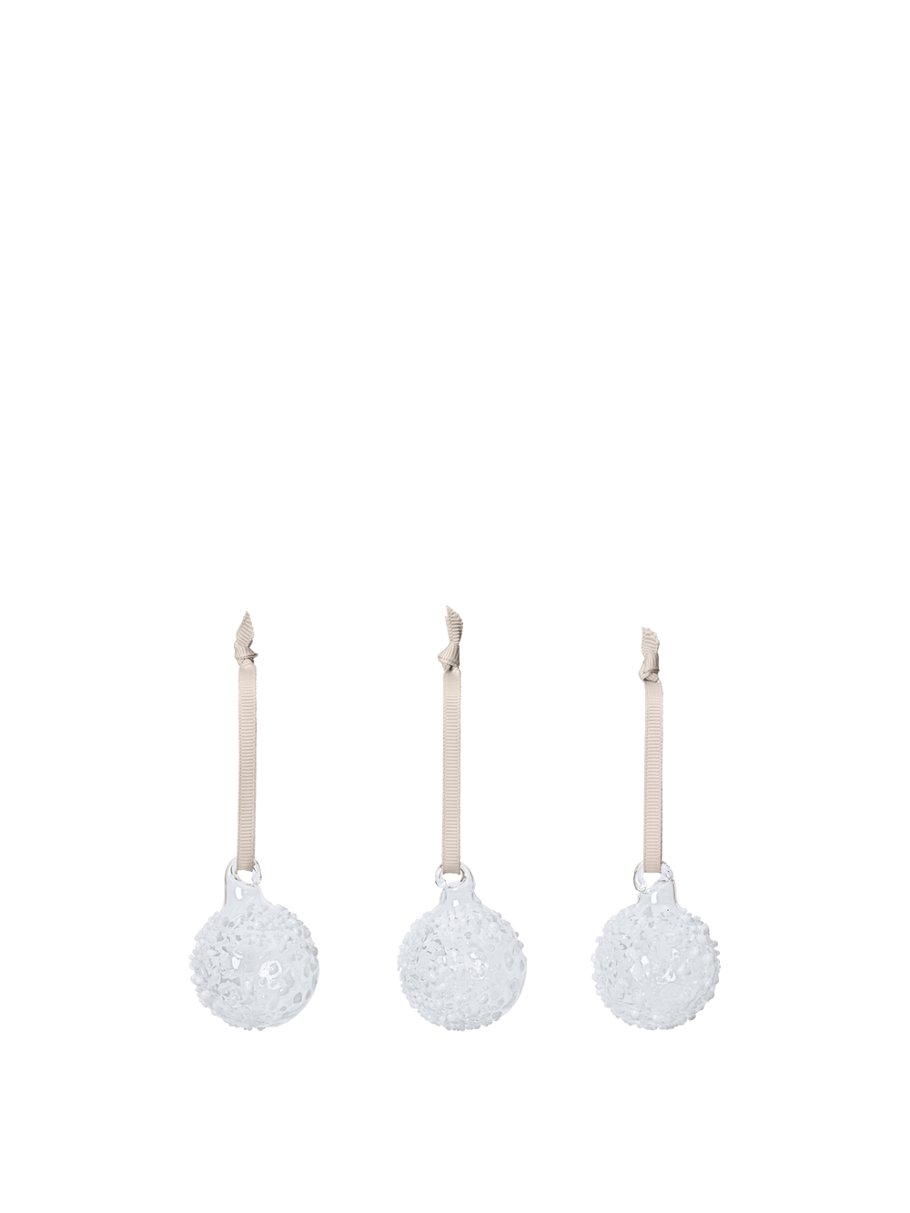 Flurry Glass Baubles in white, set of 3 small textured baubles on ribbon hangers