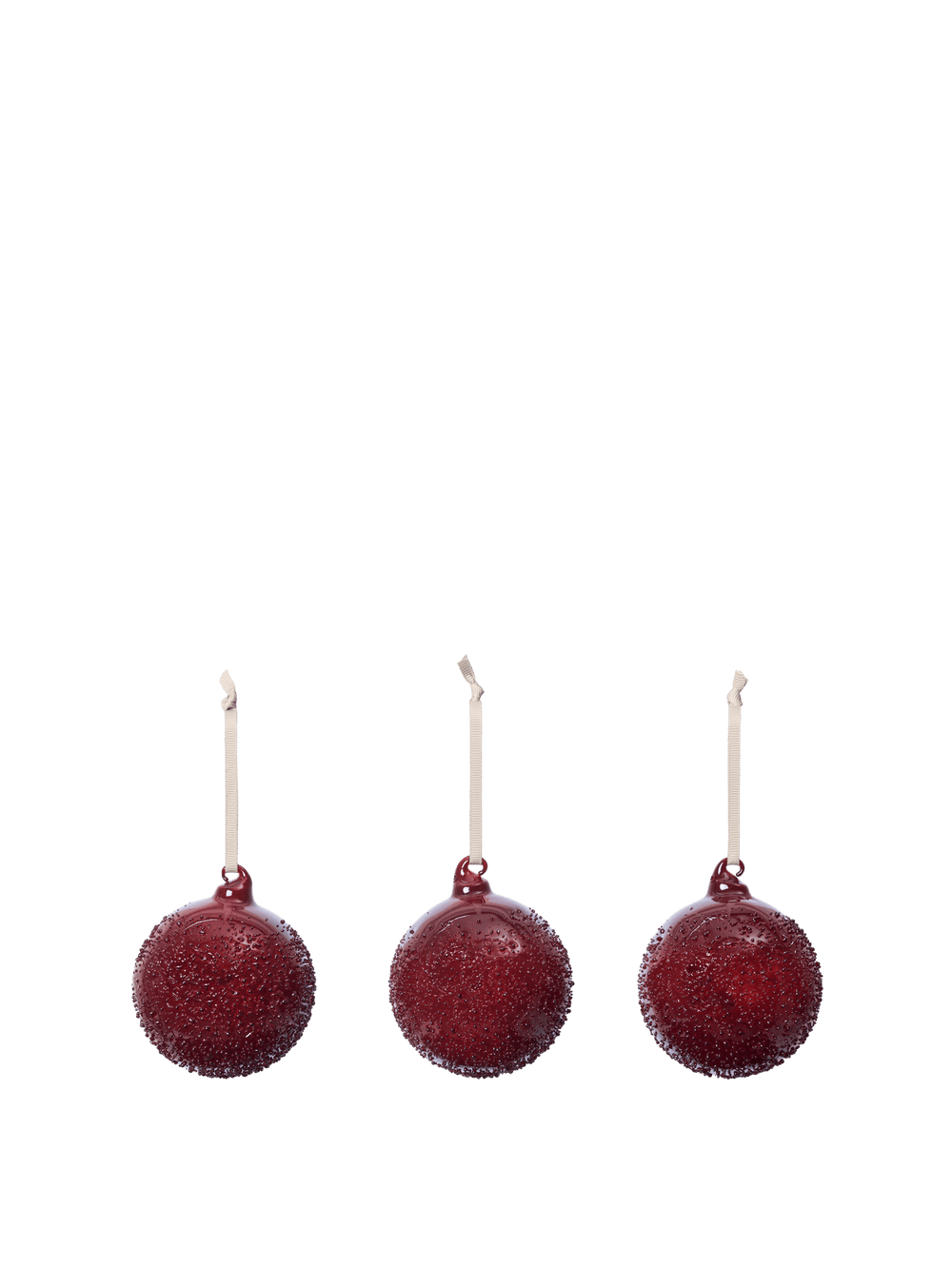 Flurry Glass Baubles in picante red, set of 3 medium textured baubles on ribbons