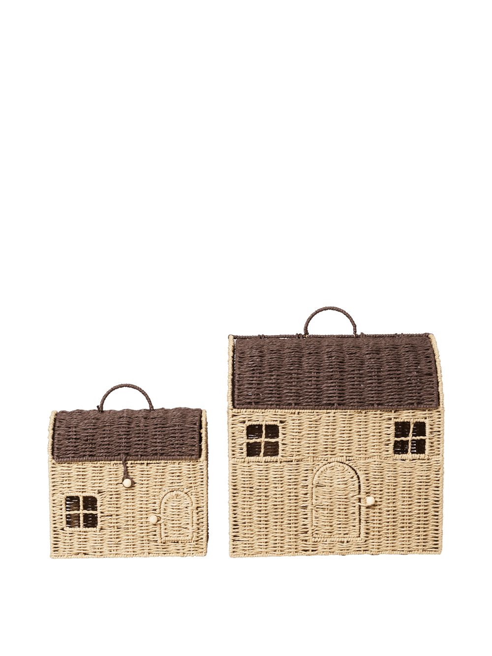Casu Storage Houses set of 2 in natural with dark brown roofs and top handles