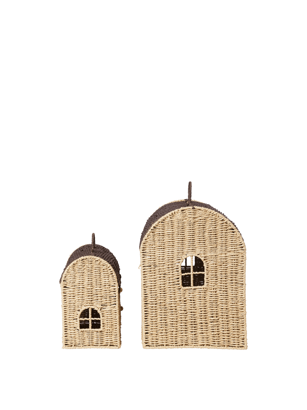 Two woven house-shaped baskets in natural with dark brown roofs and window details