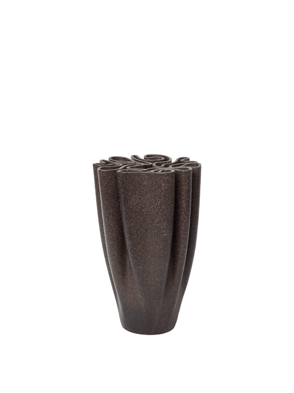 Dedali Vase large in dark brown with looping labyrinth top and fluted sides