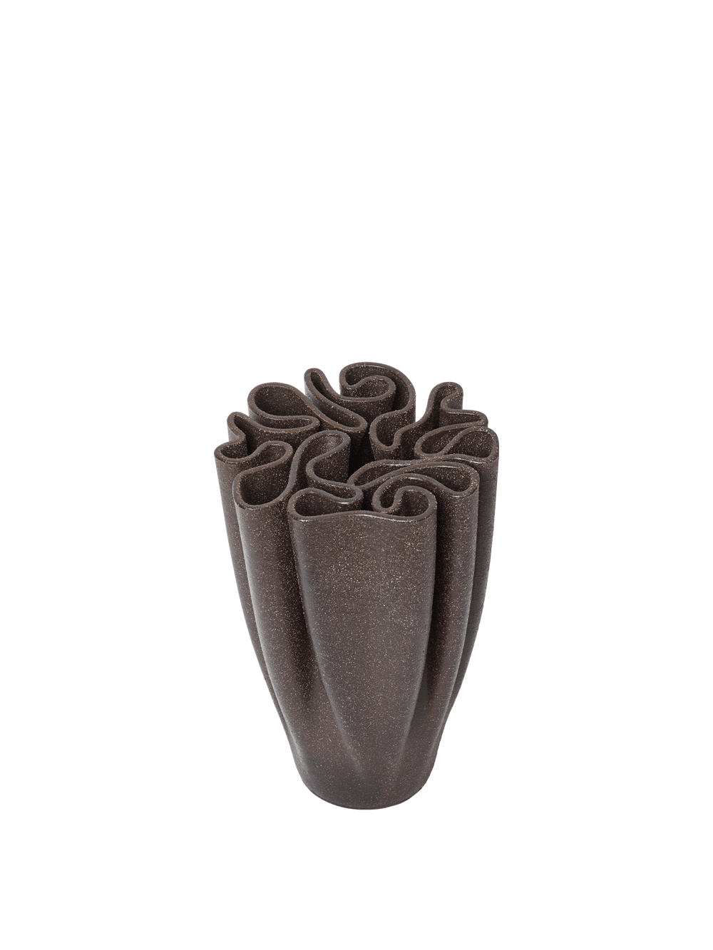 Vase with ruffled labyrinth top and flared body in dark brown