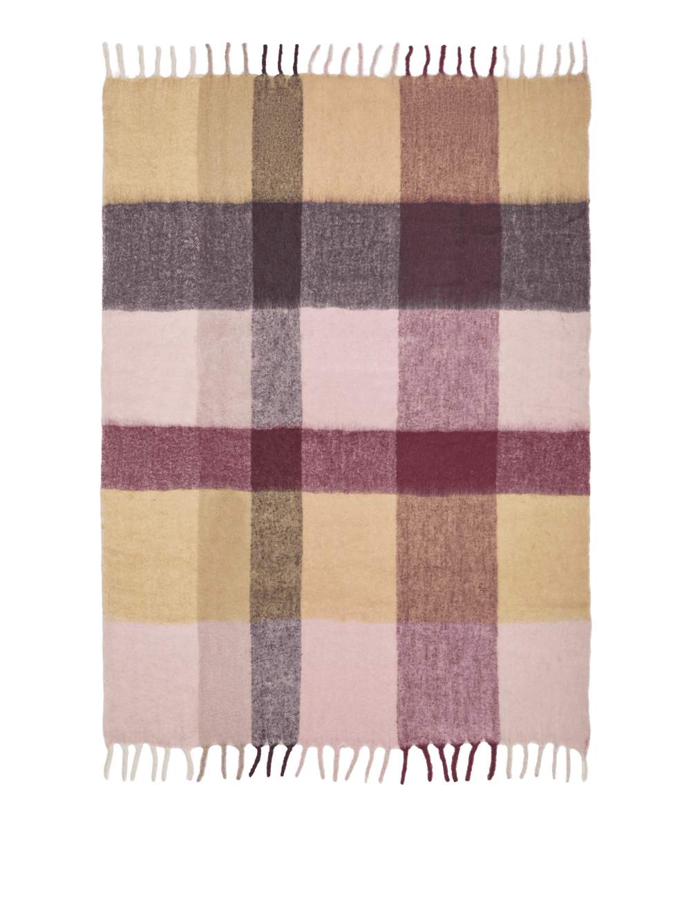 Blur Mohair Blanket in butter/pale rose, checked pattern with fringed ends