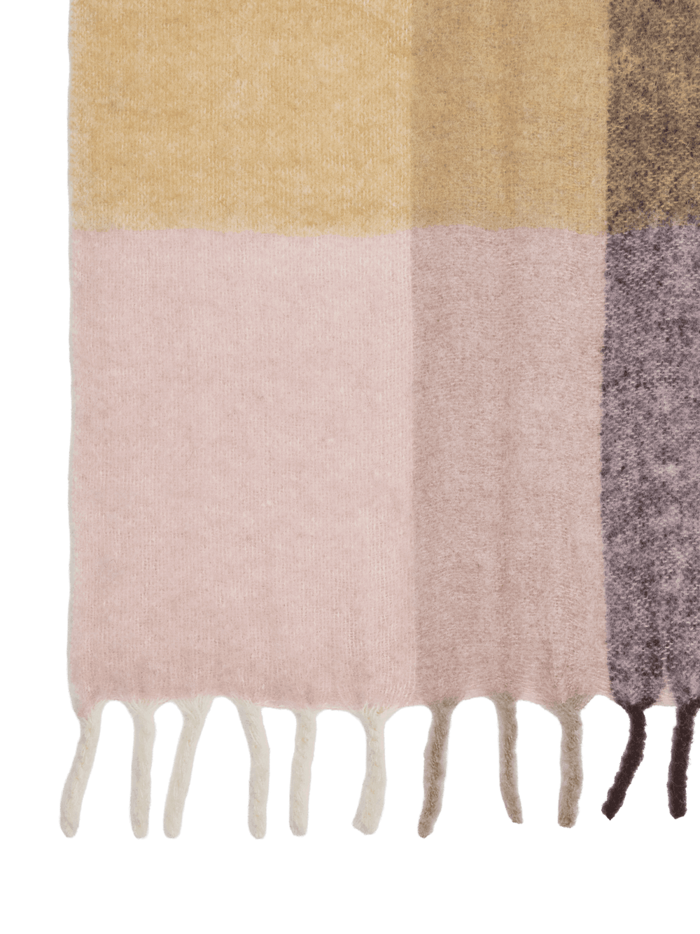 Corner detail of the checked blanket with brushed surface and long fringes