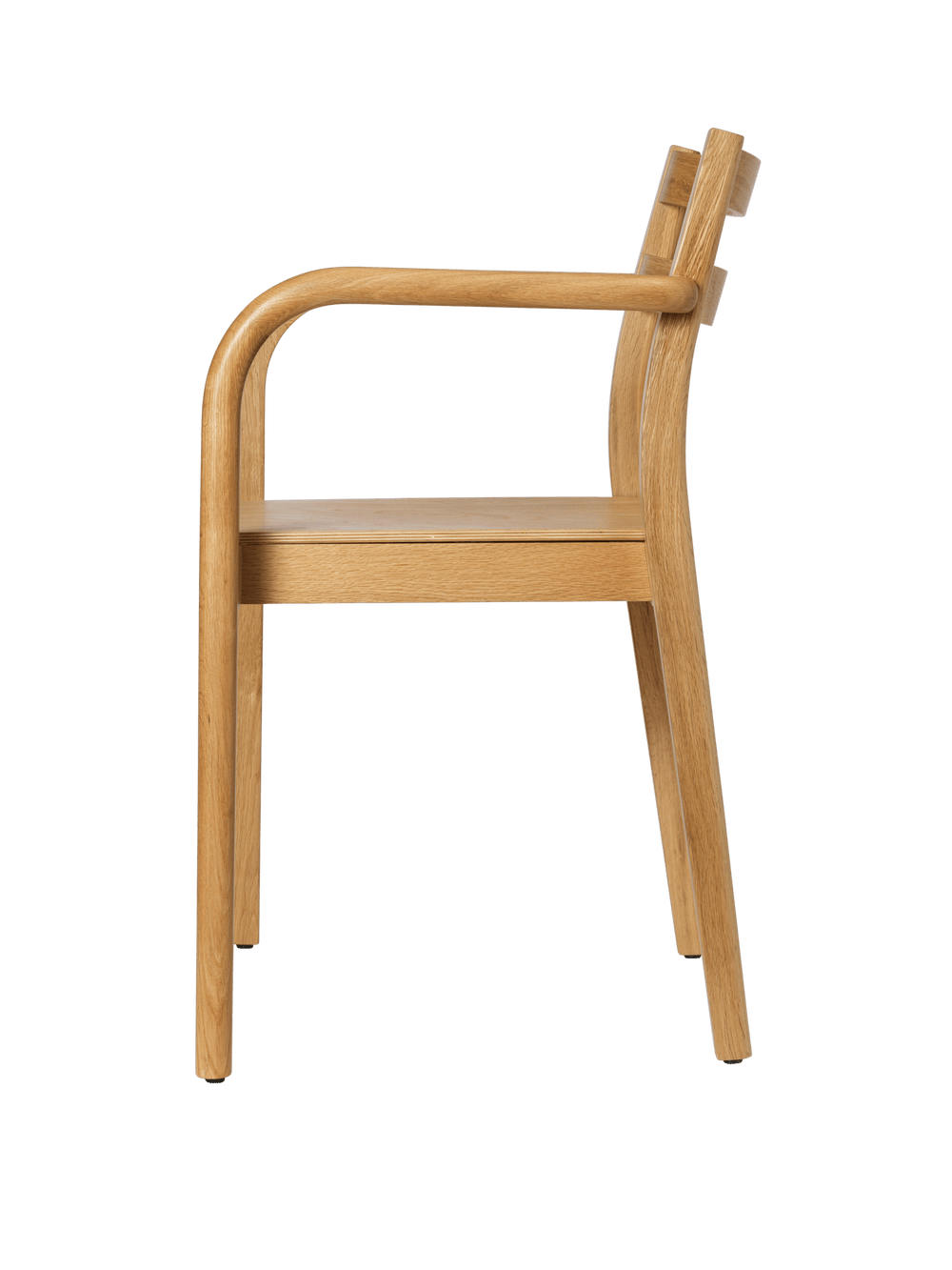 Side view of the dining chair, showing curved armrest and rear leg
