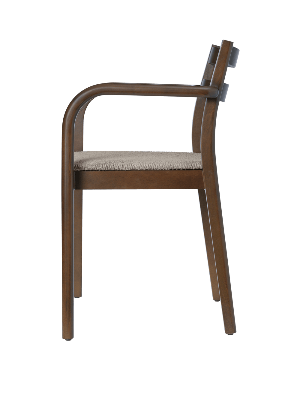 Side view of the dining chair with arms, dark stained frame and upholstered seat in Natural