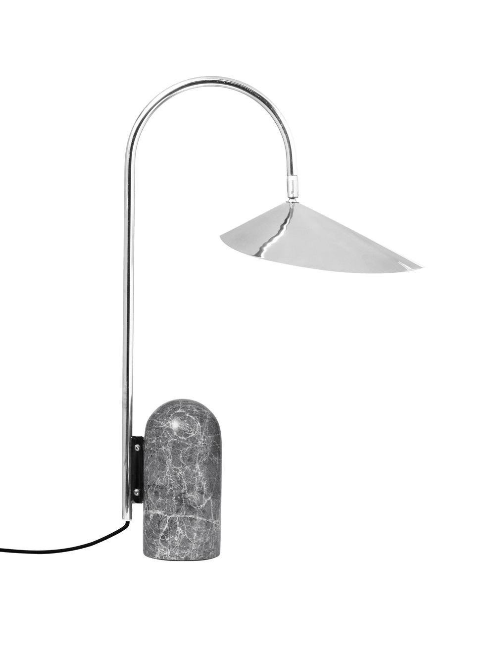 Arum Table Lamp in stainless steel with curved stem and grey stone base