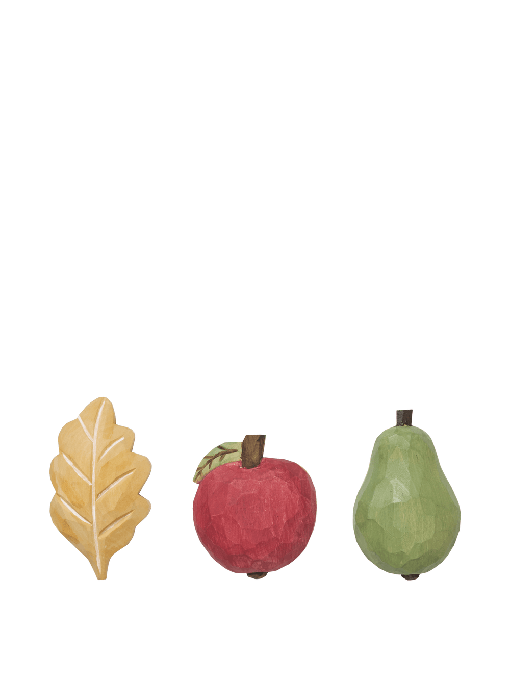 Forest Hand-carved Magnets in multi, set of three shaped as a leaf, apple and pear
