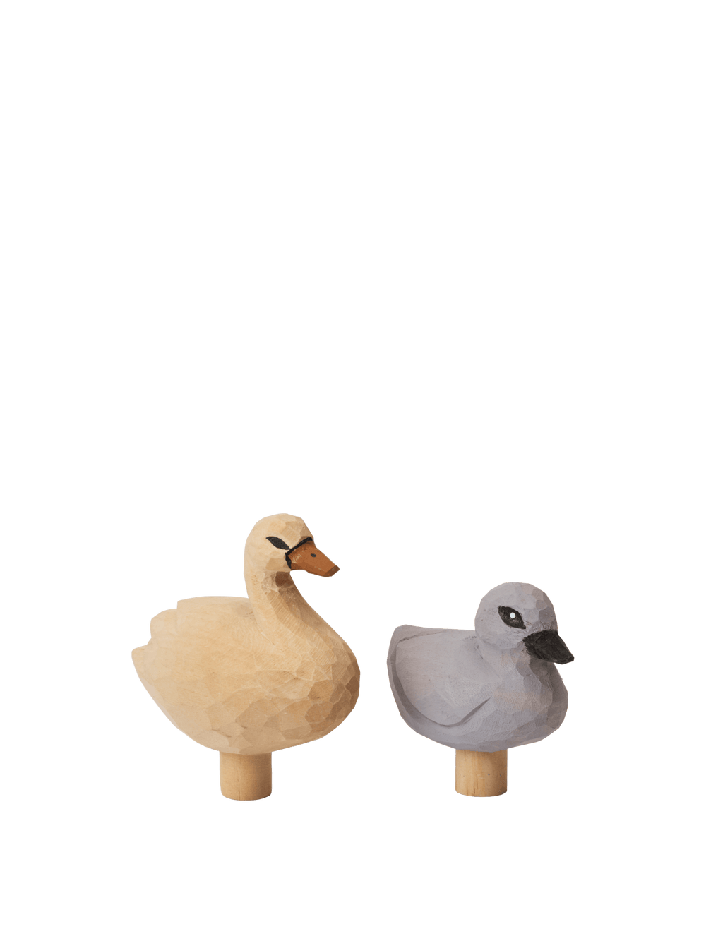 Loopi Figurines in multi, set of two carved swan and duckling on peg bases
