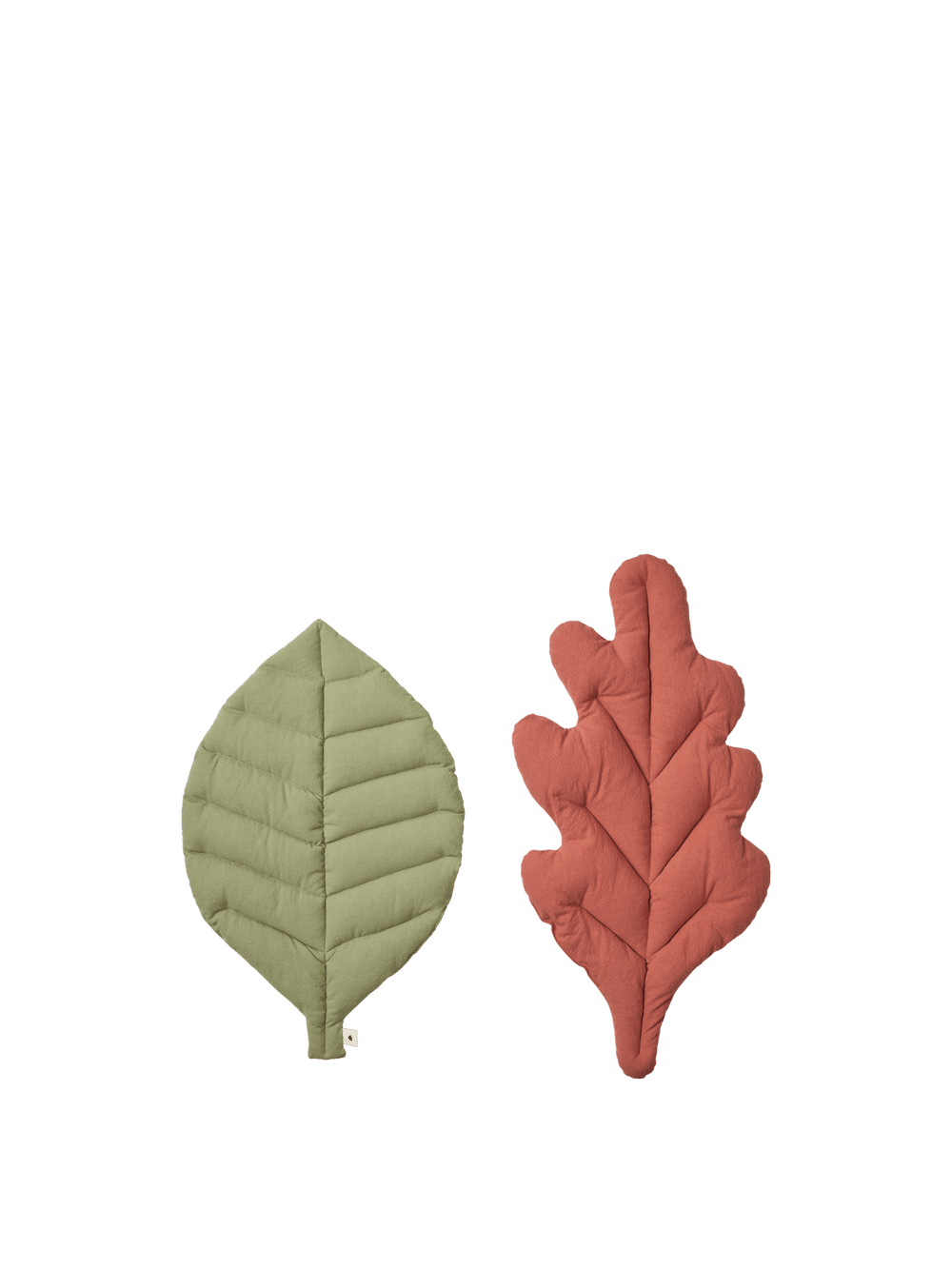 Leaf Cushions set of 2 in tea green and baked clay, quilted leaf shapes