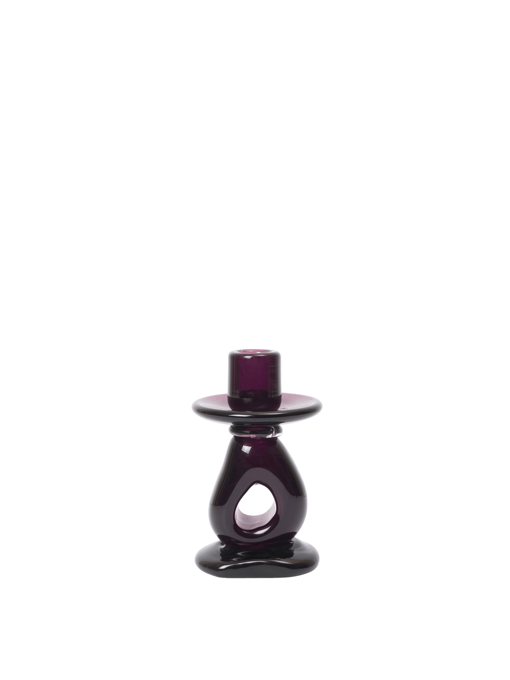 Damo Candle Holder in dark grape, sculptural glass with cut-out base