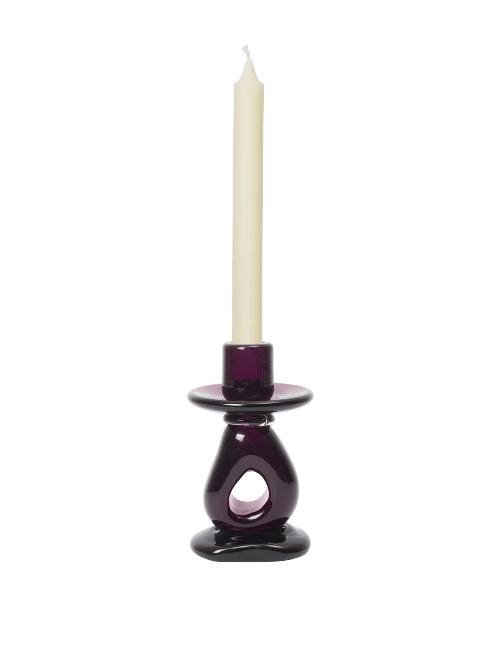 Candle holder in dark grape with a cutout base, holding a cream taper candle