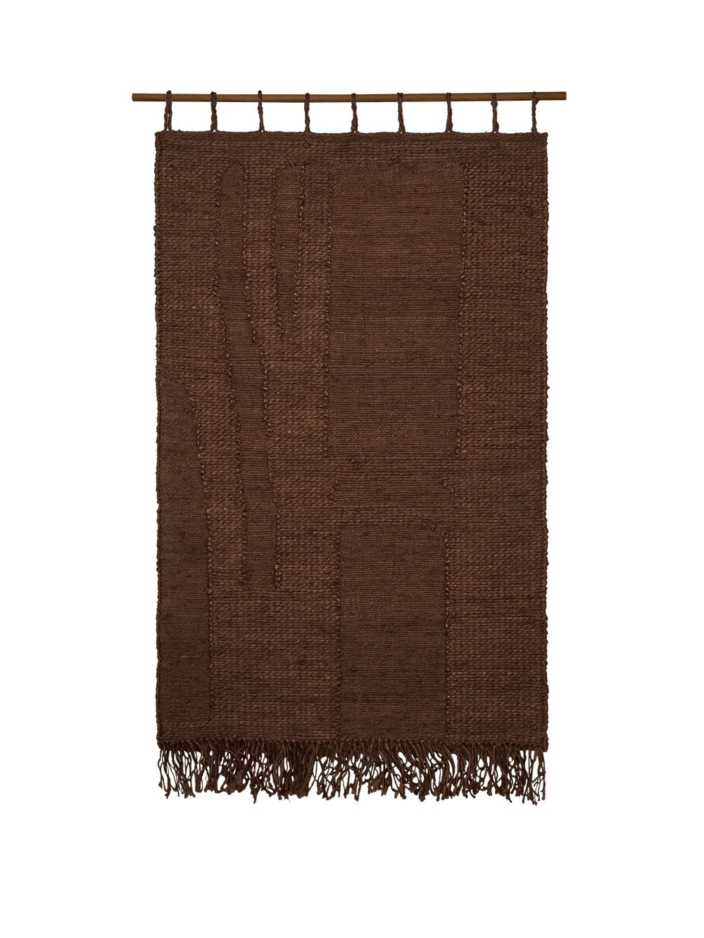 Harvest Wall Rug in dark chocolate, large, woven jute hanging from a bar with fringes