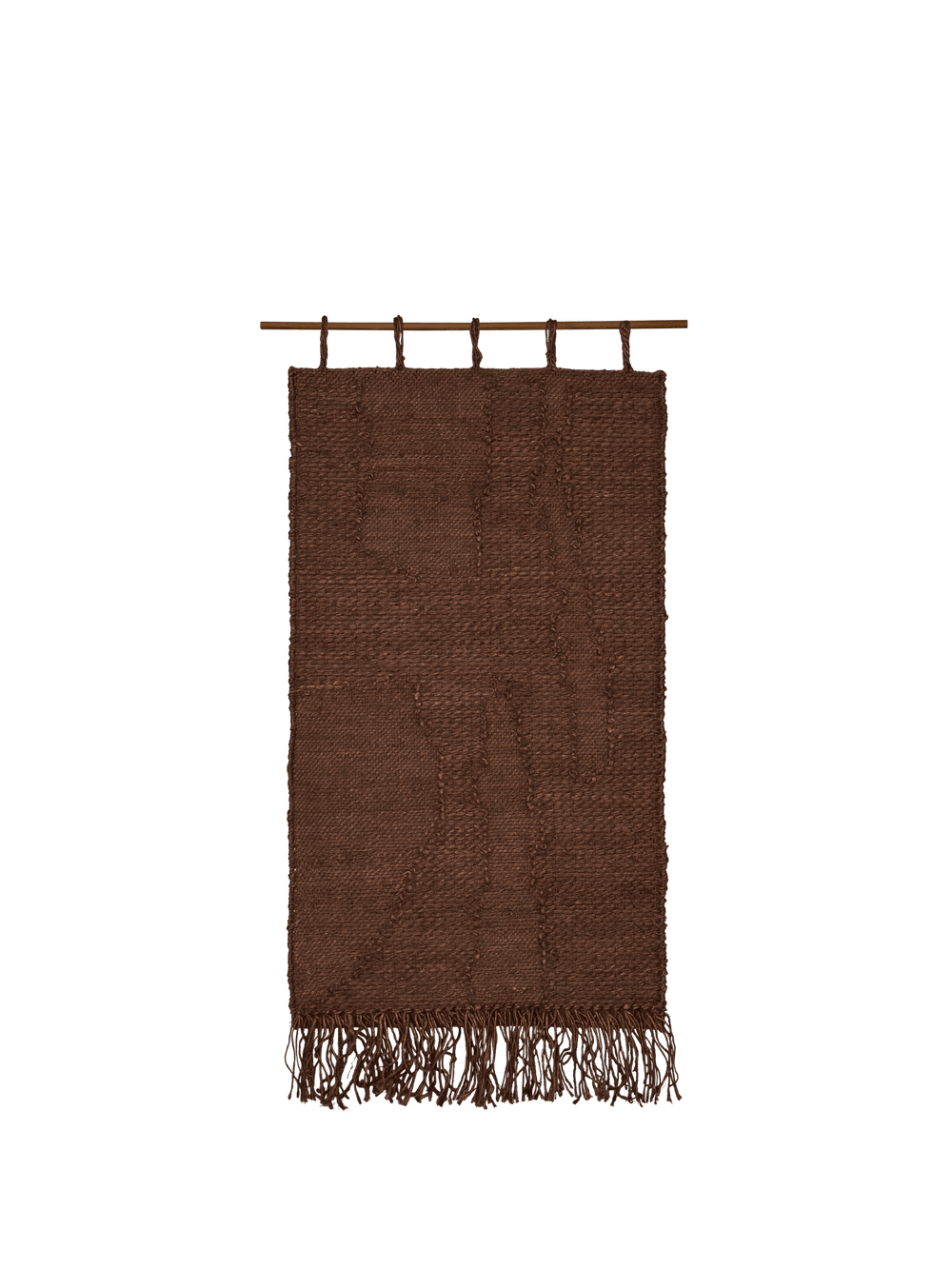 Harvest Wall Rug small in dark chocolate, woven hanging on a bar with fringed hem