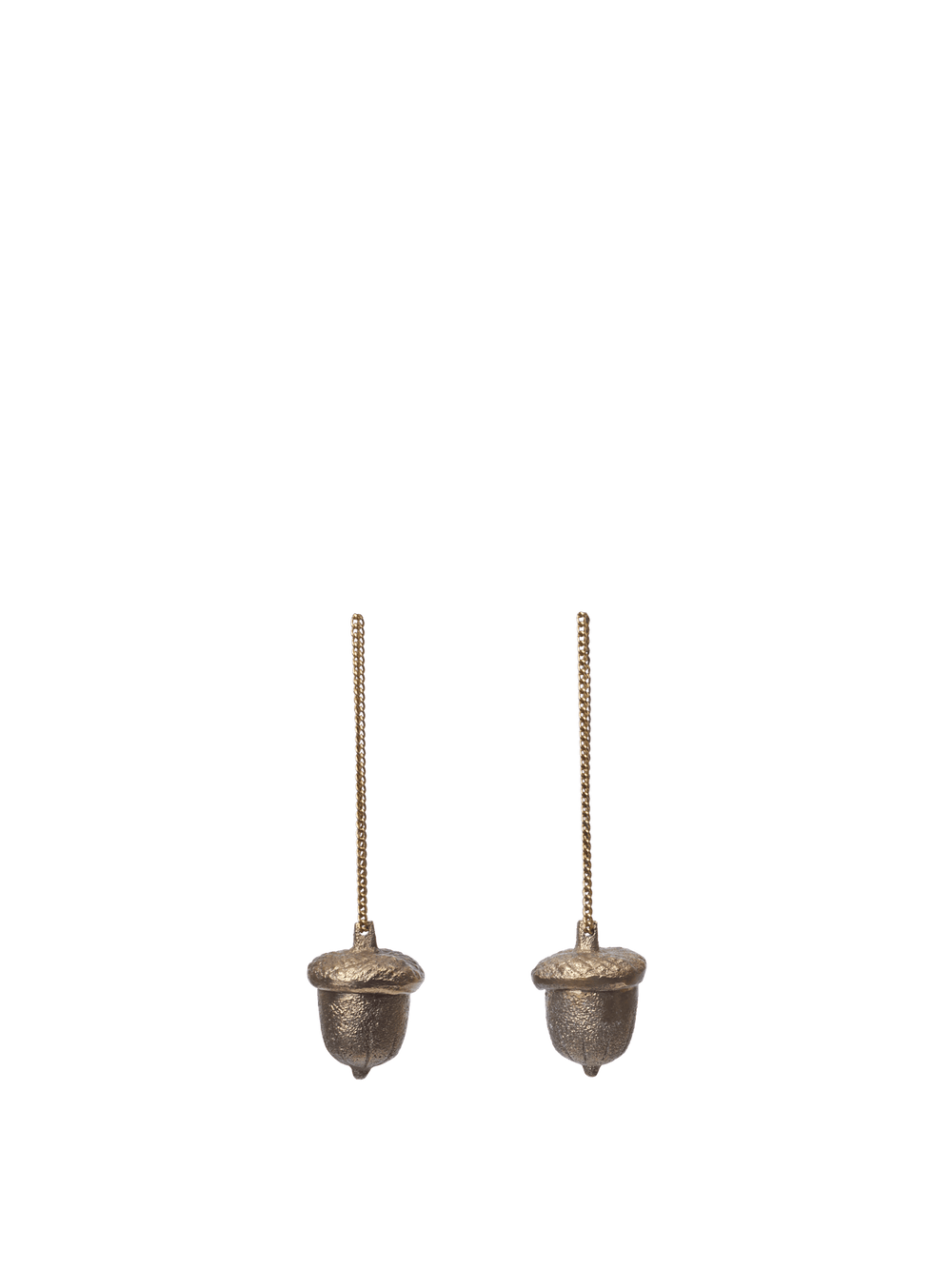 Acorn Ornaments set of 2 in brass, hanging from chains
