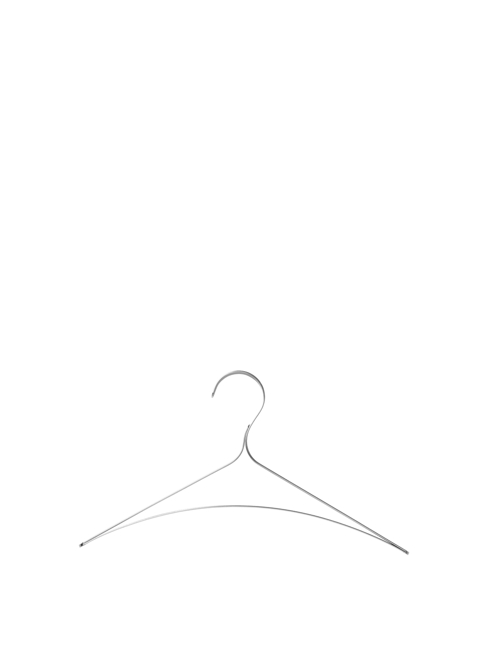 Single slim clothes hanger with curved hook and continuous bent wire form