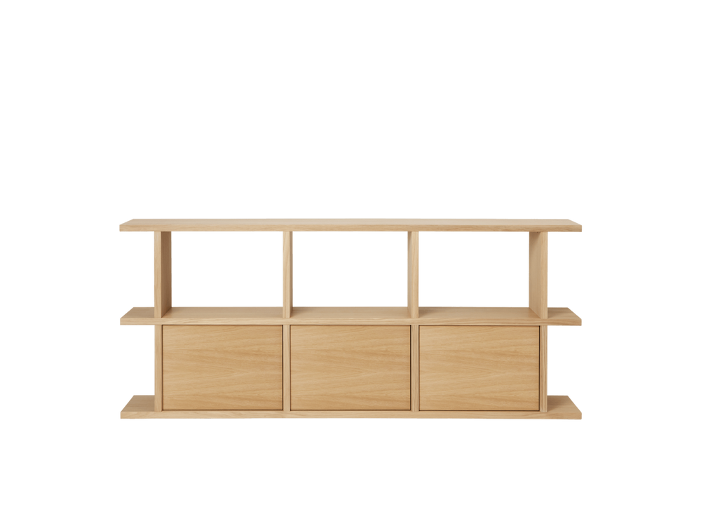 Kona Bookcase 3x2 in natural oak veneer with three cabinet inserts