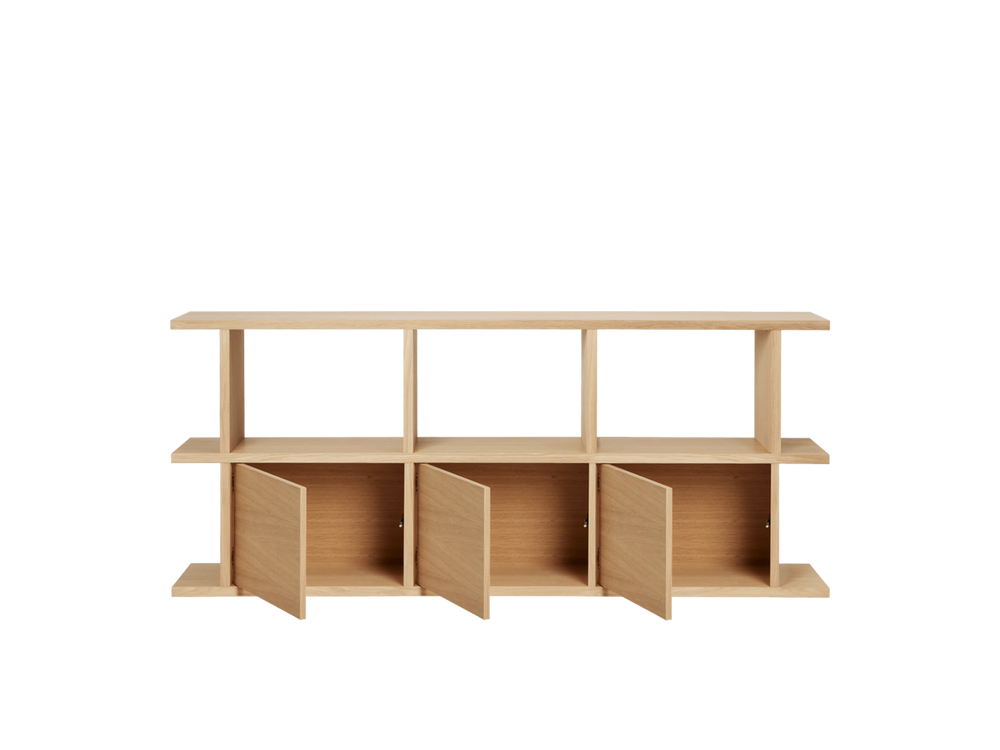 The bookcase with all three cabinet doors open