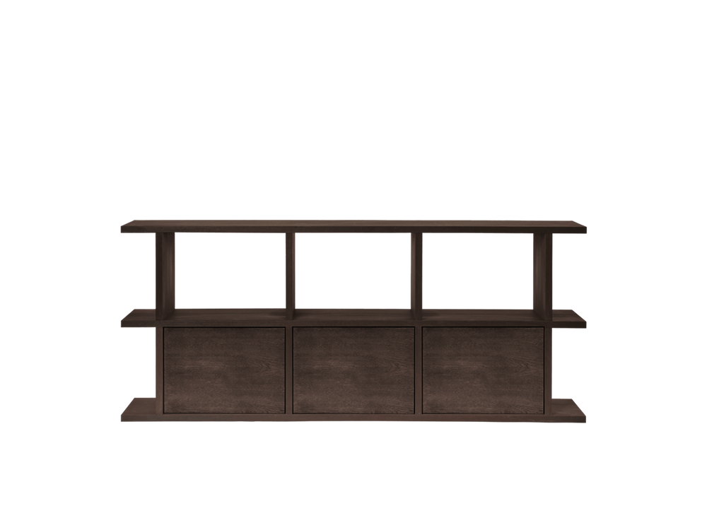 Kona Bookcase 3x2 in dark stained oak with three cabinet inserts