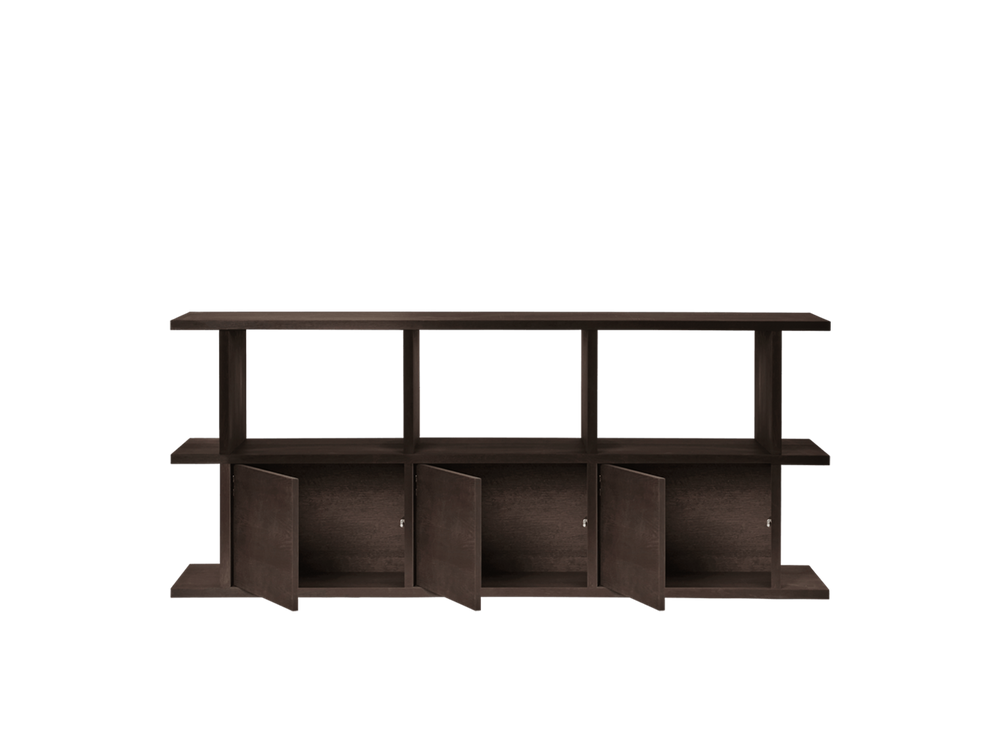 The bookcase with its three cabinet doors open, showing the storage inside