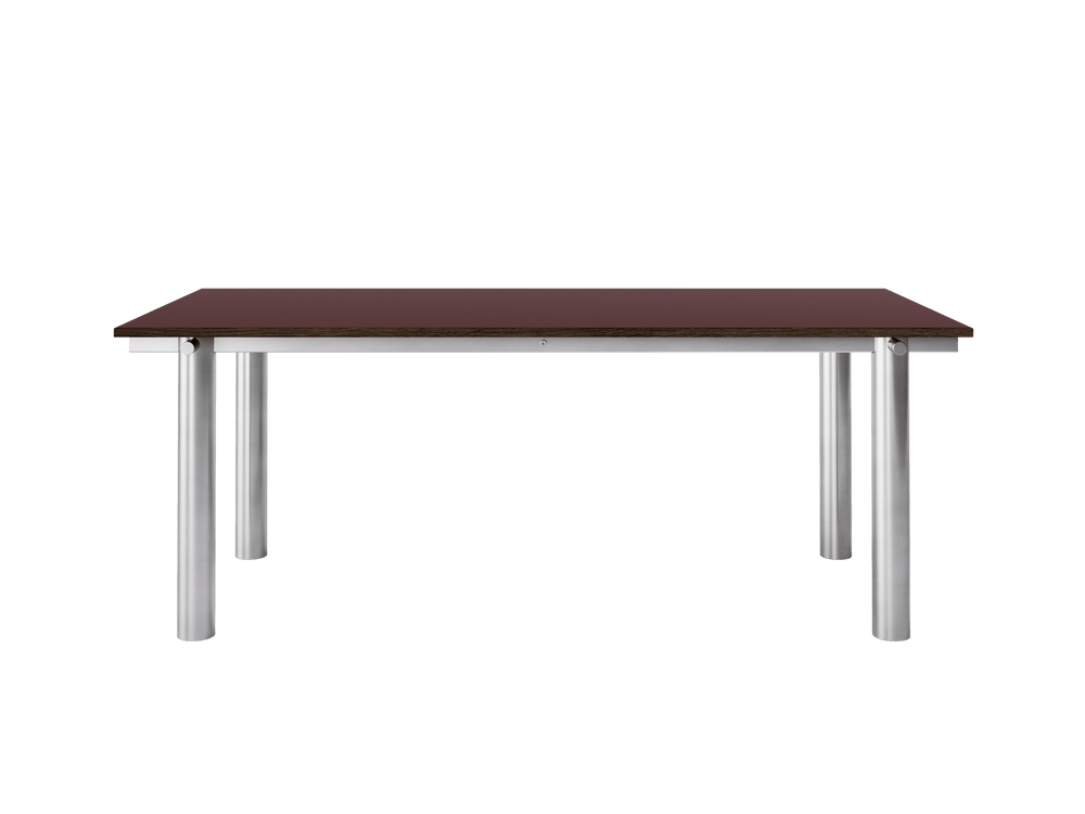 Atura Dining Table in burgundy linoleum with brushed stainless steel legs