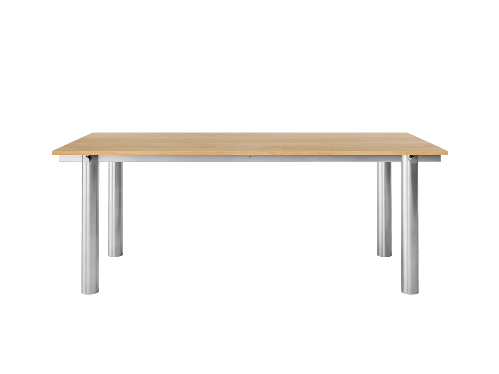 Atura Dining Table in brushed stainless steel with natural oak veneer top