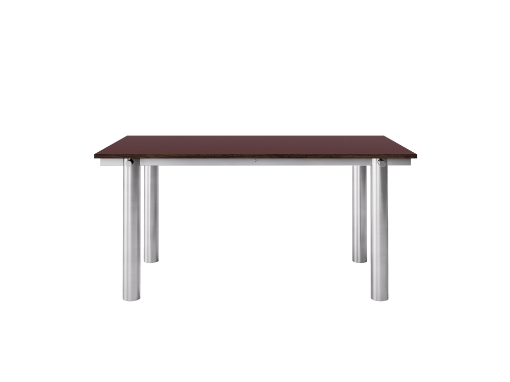 Side view of the dining table with burgundy linoleum top and cylindrical legs