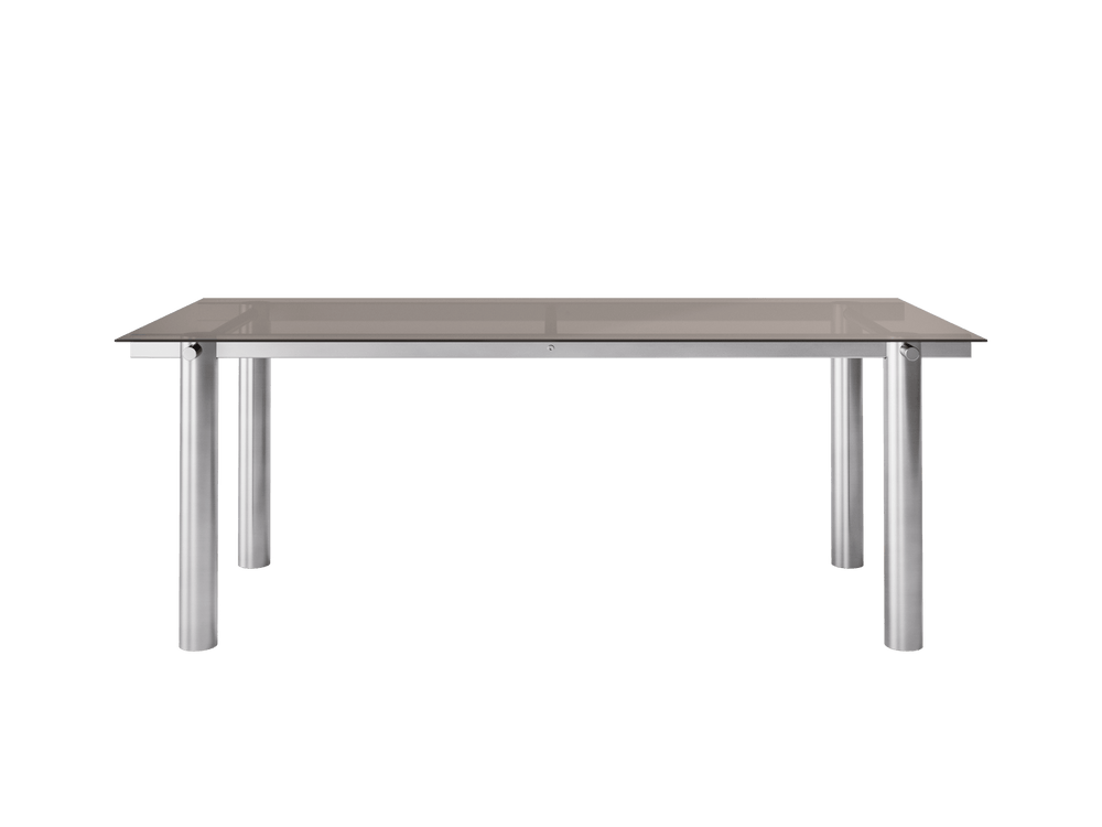 Atura Dining Table in brushed stainless steel with dark tinted glass top