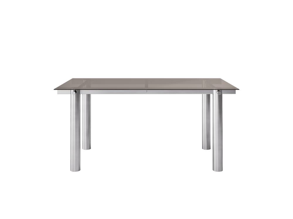 Dining table with tinted glass top and cylindrical legs, side view