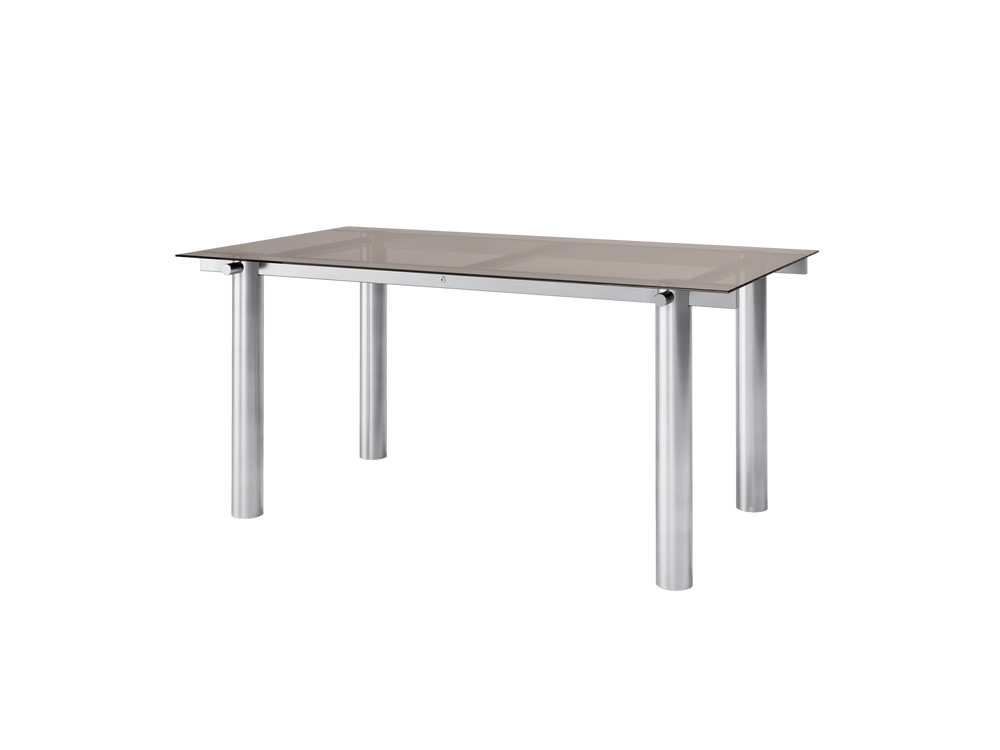 Dining table seen at an angle, tinted glass top on a brushed stainless steel frame with cylindrical legs