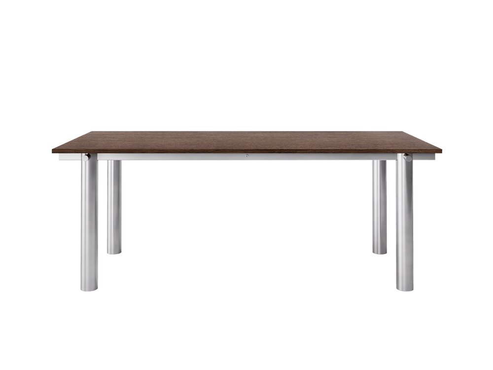 Atura Dining Table with dark stained oak top and brushed stainless steel legs