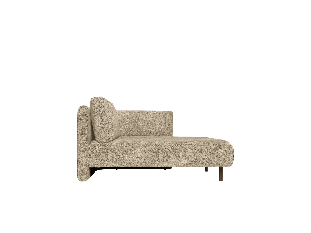 Chaise longue seen from the side with loose bolster cushion and dark-stained wood legs