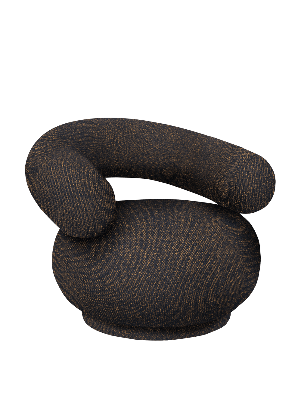Rounded lounge chair in Black/Honey seen at an angle, tubular backrest curving over the seat