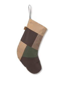 Patchwork Christmas Stocking in multi with brown, beige and green panels and hanging loop