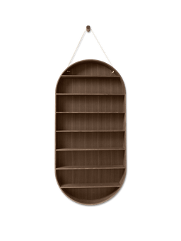Oval Dorm shelf in smoked oak, hung from a string with open shelf compartments