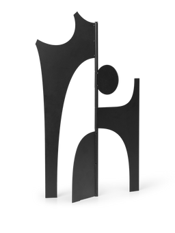 Contour Piece in black, standing sculpture of cut shapes on a central rod