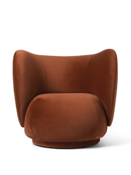 Rico Lounge Chair in Rust rich velvet with curved wingback and rounded seat